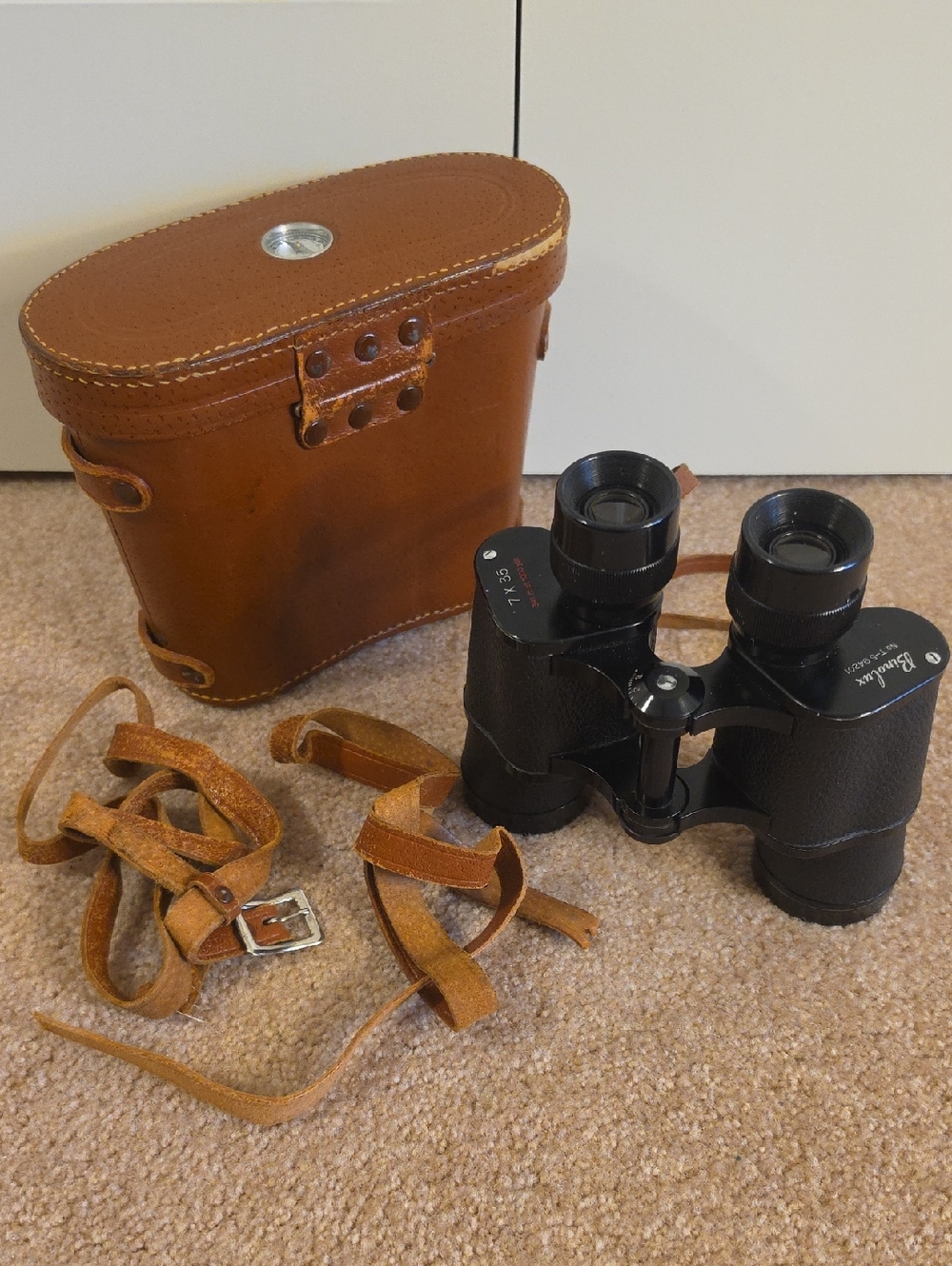 Vintage Black Binoculars with Brown Leather Case
